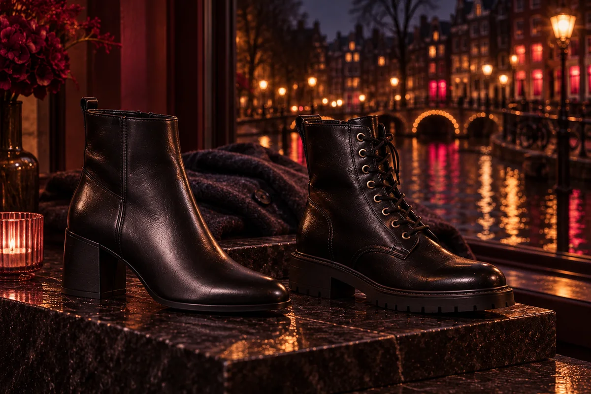 A black ankle boot with a modest block heel and a black lace-up boot beside a folded dark coat.